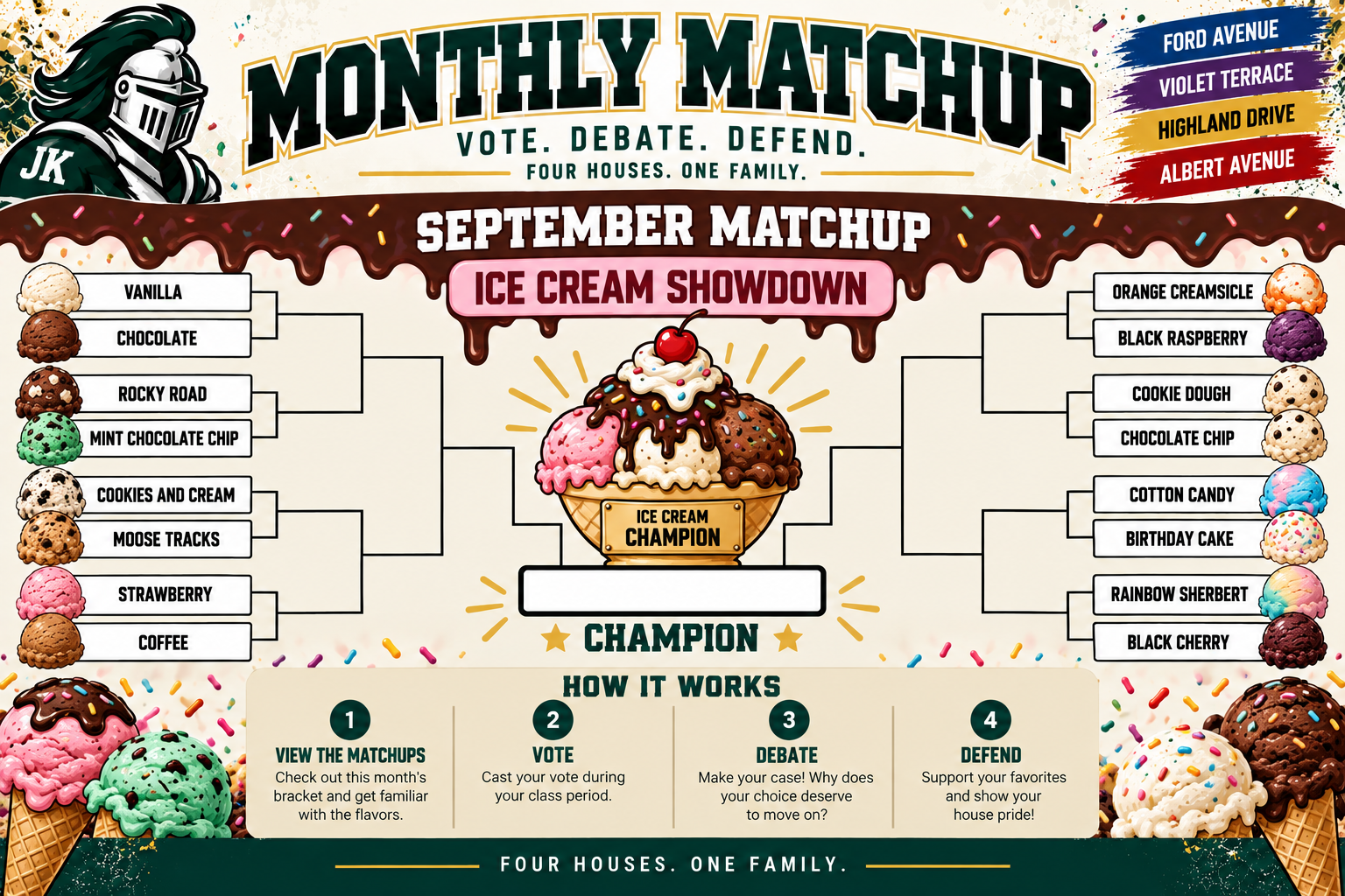 September Monthly Matchup Ice Cream Showdown bracket with the Joyce Kilmer Houses and voting directions